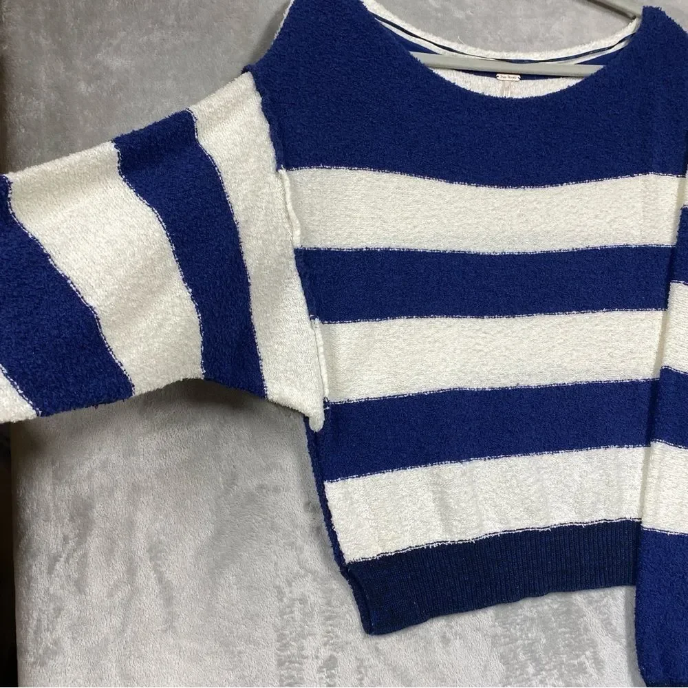 Free People Candyland Pullover Navy Striped Boat Neck Sweater Top Size L